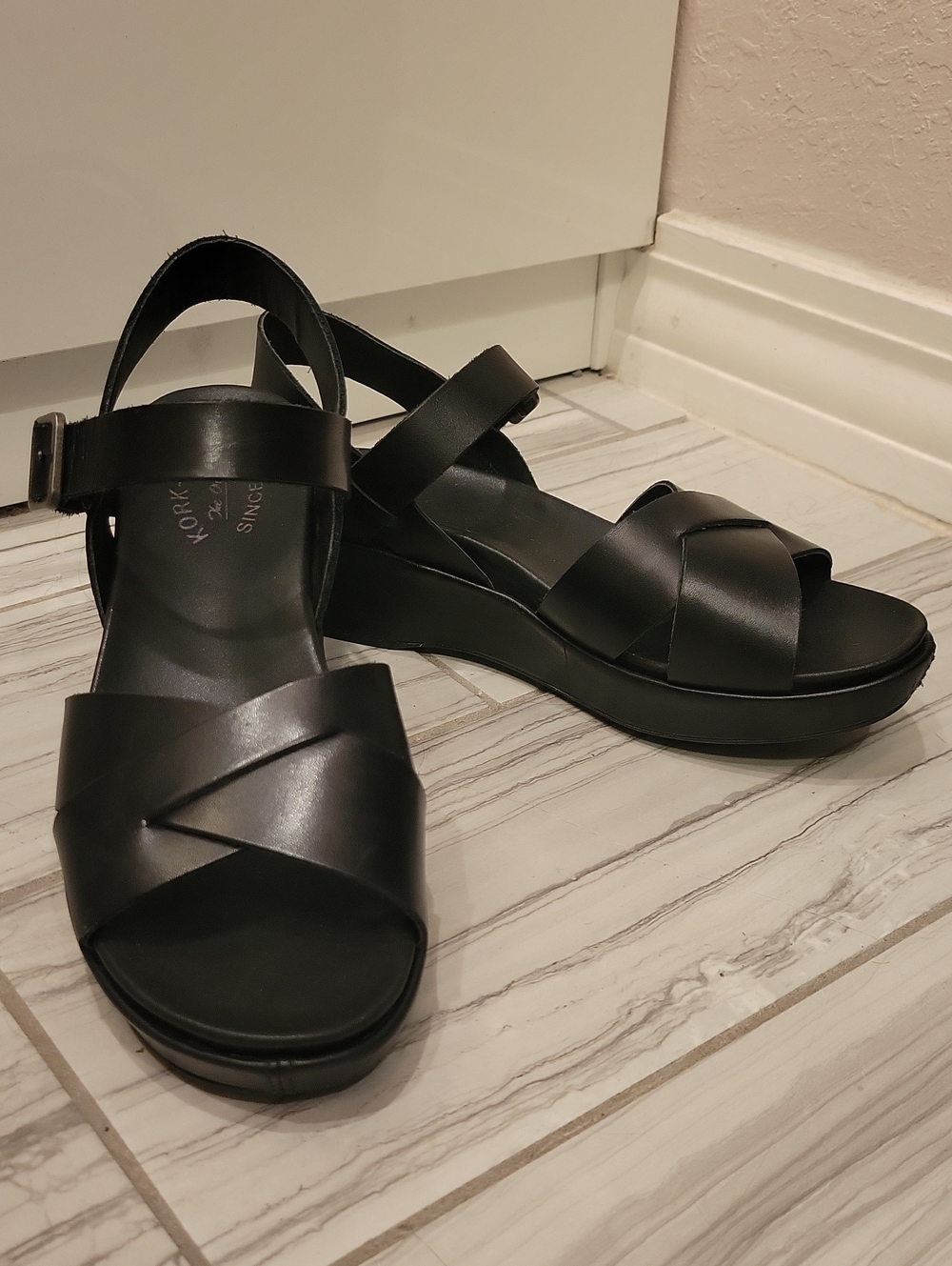 Kork-Ease Black Leather Crisscross Platform Sandal - Women's